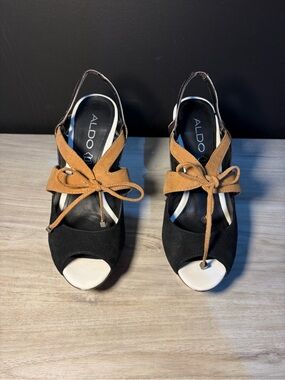 ALDO Black and Tan Suede Peep-Toe Slingback Heels with Bow